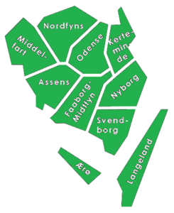 Kort over Fyn og Fredericia, hvor Hækklipning ApS klipper hække